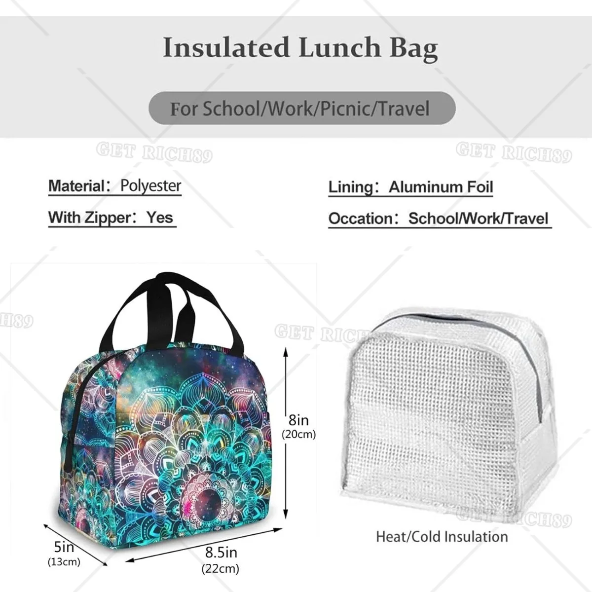 Mandala Reusable Lunch Bag for Women Men Kids Insulated Lunch Box Cooler Tote Bag Thermal Lunchbag for School Work Picnic