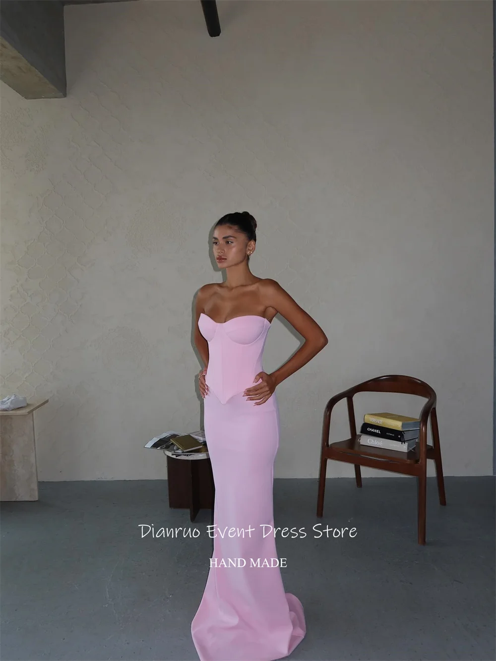 Dianruo 인어 연인 이브닝 드레스 핑크 심플 로브 드 Soirée Femme 민소매 바닥 길이 Vestidos De Gala Customized