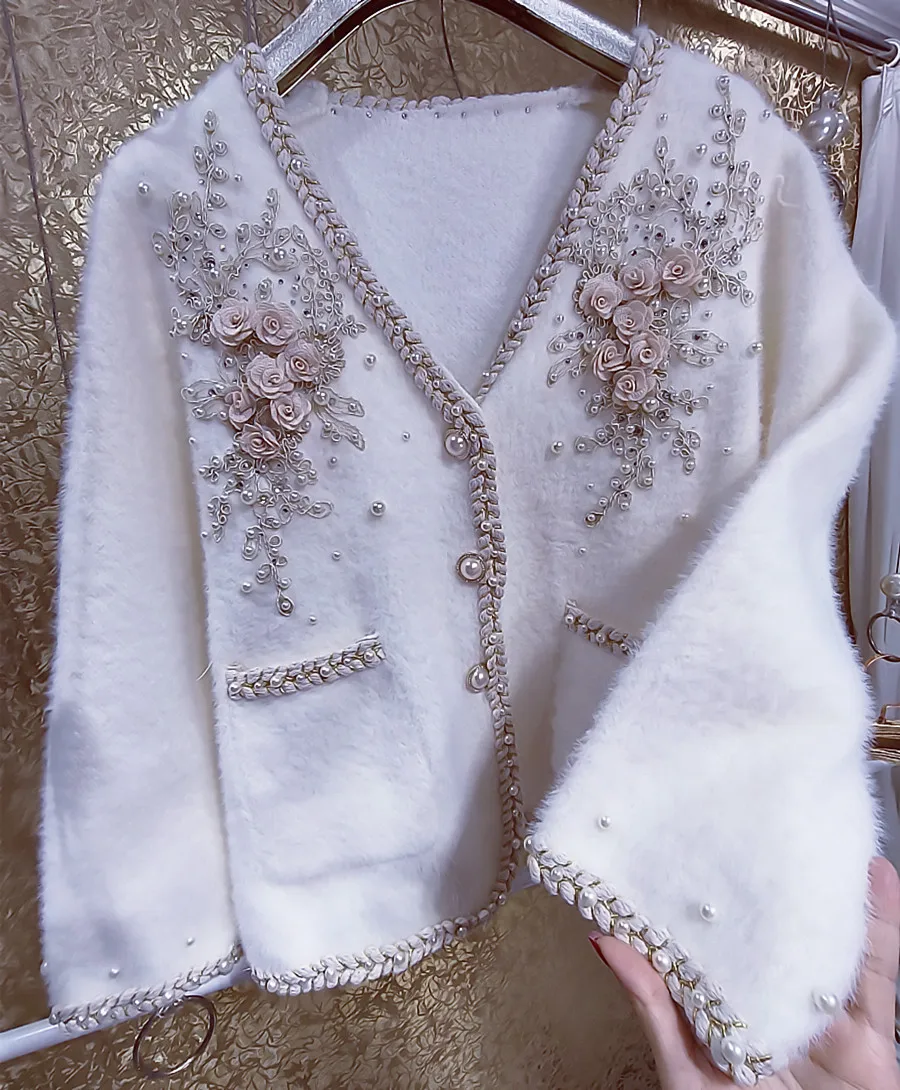 أحجار الراين على شكل زهرة، خرز صناعي ثقيل، لآلئ مهدب، دانتيل سميك، سترة صوفية قطيفة معطرة صغيرة