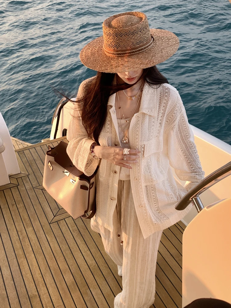 

Женская хлопковая вязаная кофта Aboutpoem с ажурным узором, свободного кроя, на пуговицах, с длинными рукавами, повседневная верхняя одежда