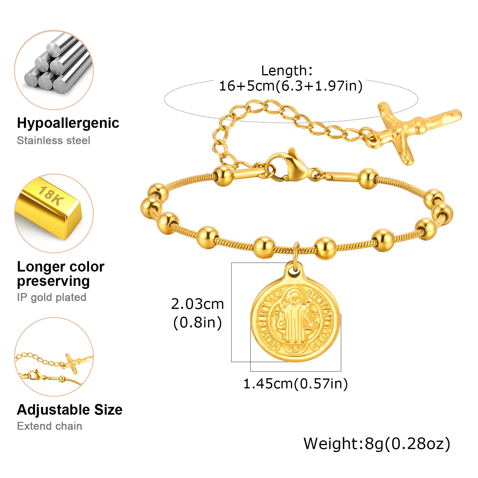 سوار سلسلة مسبحة الصليب الكاثوليكي من Vnox، أساور نسائية من الفولاذ المقاوم للصدأ مريم العذراء وسانت بنديكت، هدية الإيمان الديني #4