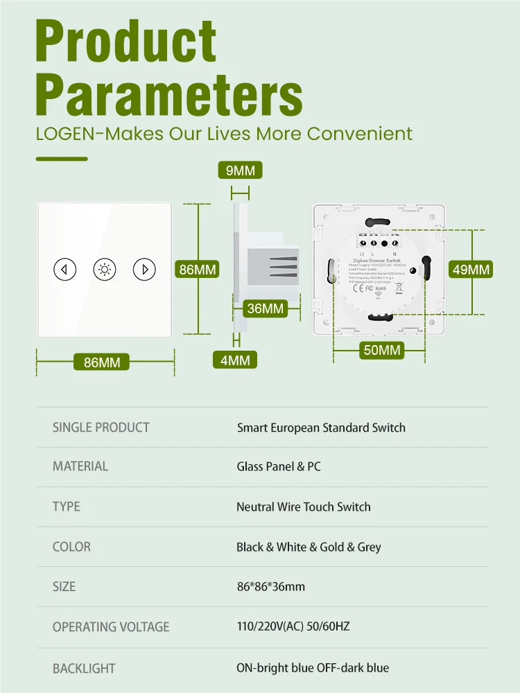 LOUYSGEN Tuya Zigbee EU Wall Touch Dimmer Switch Smart Life Voice Control Alexa Google Home Alice 220V Need Neutral