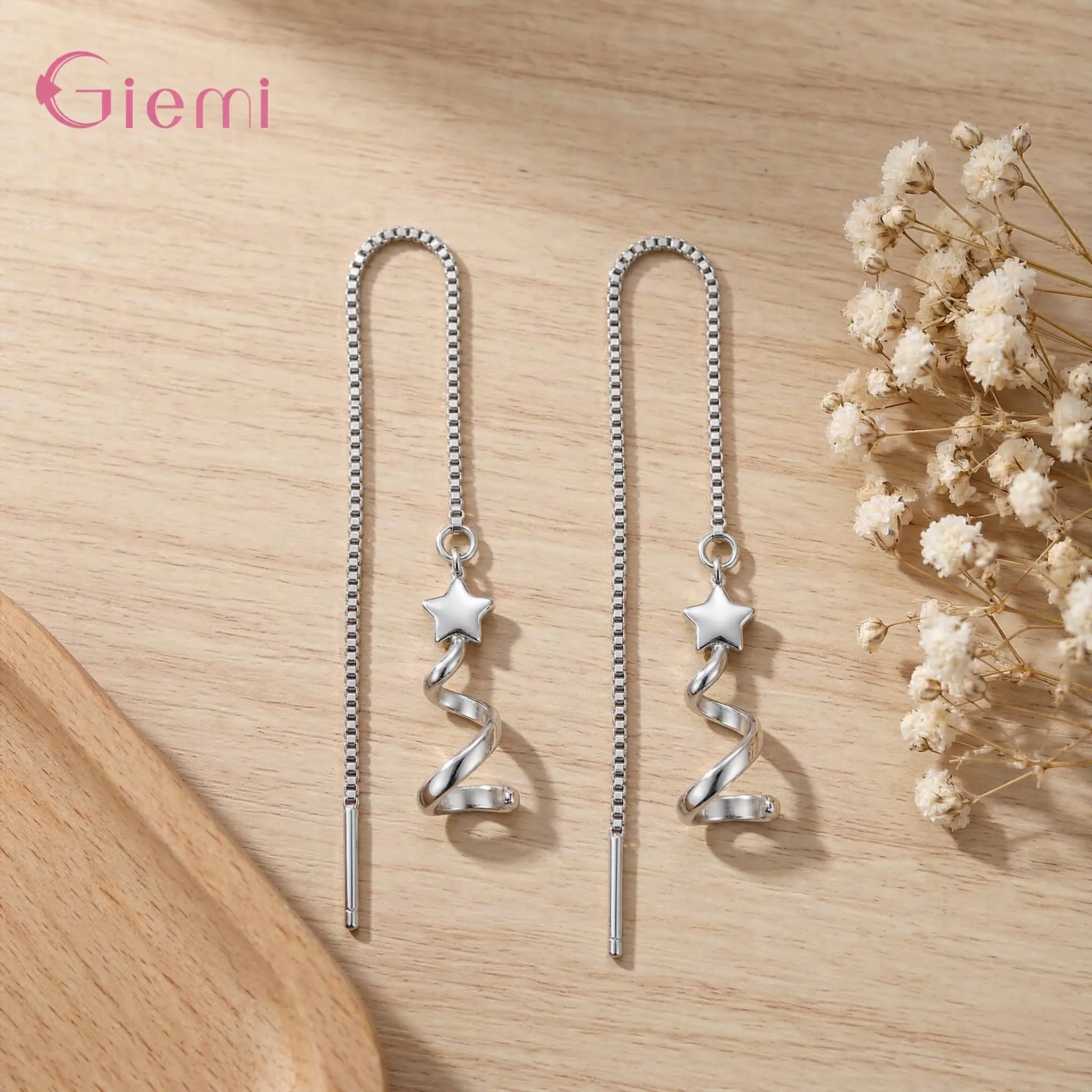 Exquisite 925 Sterling Silver Rotating Star Long Tassel Threader Earrings for Women Girls Anniversary Party Fashion Jewelry Gift
