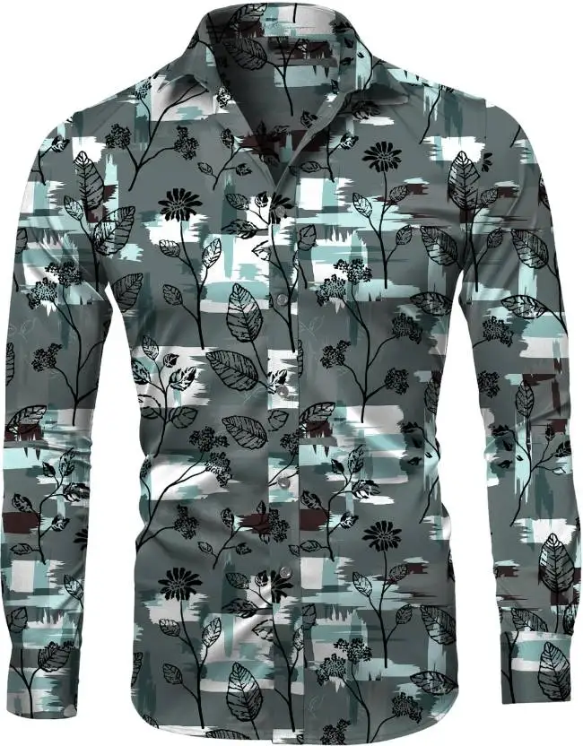 Fashion Irregular Plaid Flower Print Men\'s Long Sleeve Shirt Casual Party Street Hawaiian Polo Collar Shirt