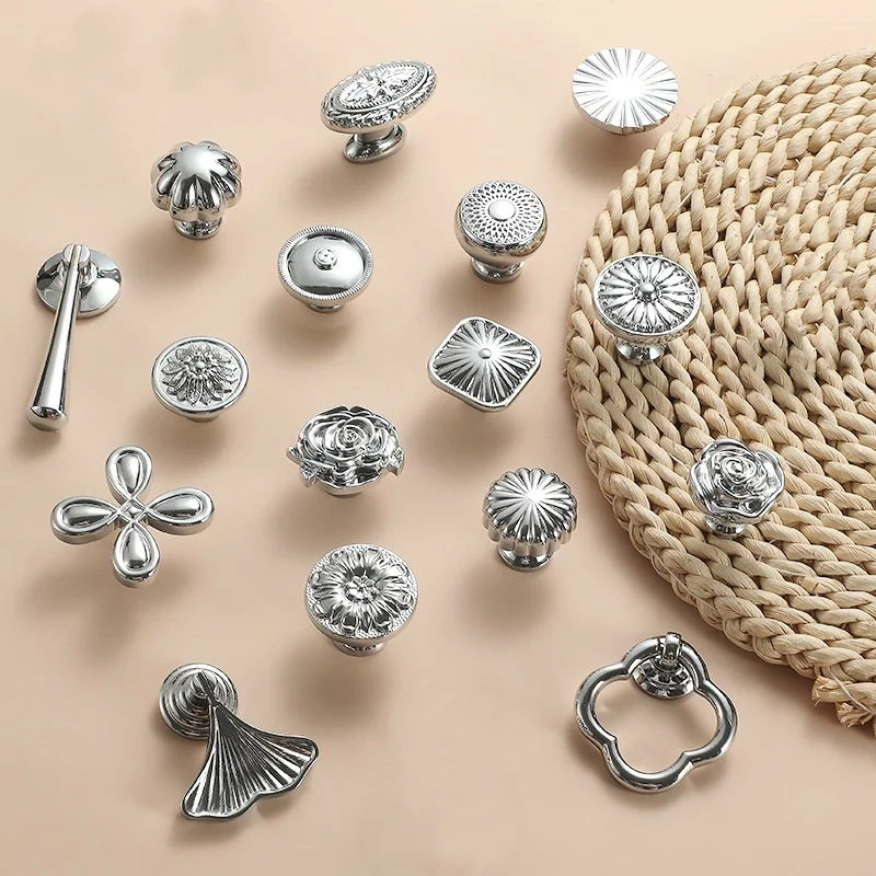 Bright Silver Rose Flower Furniture Pull Handles Brass Single Hole Cabinet Door Handles Drawer Knobs Wardrobe Cupboard Pulls