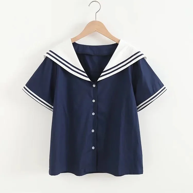 Mori girls summer Japan 100% cotton style sailor collar short sleeve white navy blue blouses school uniform plus size tops