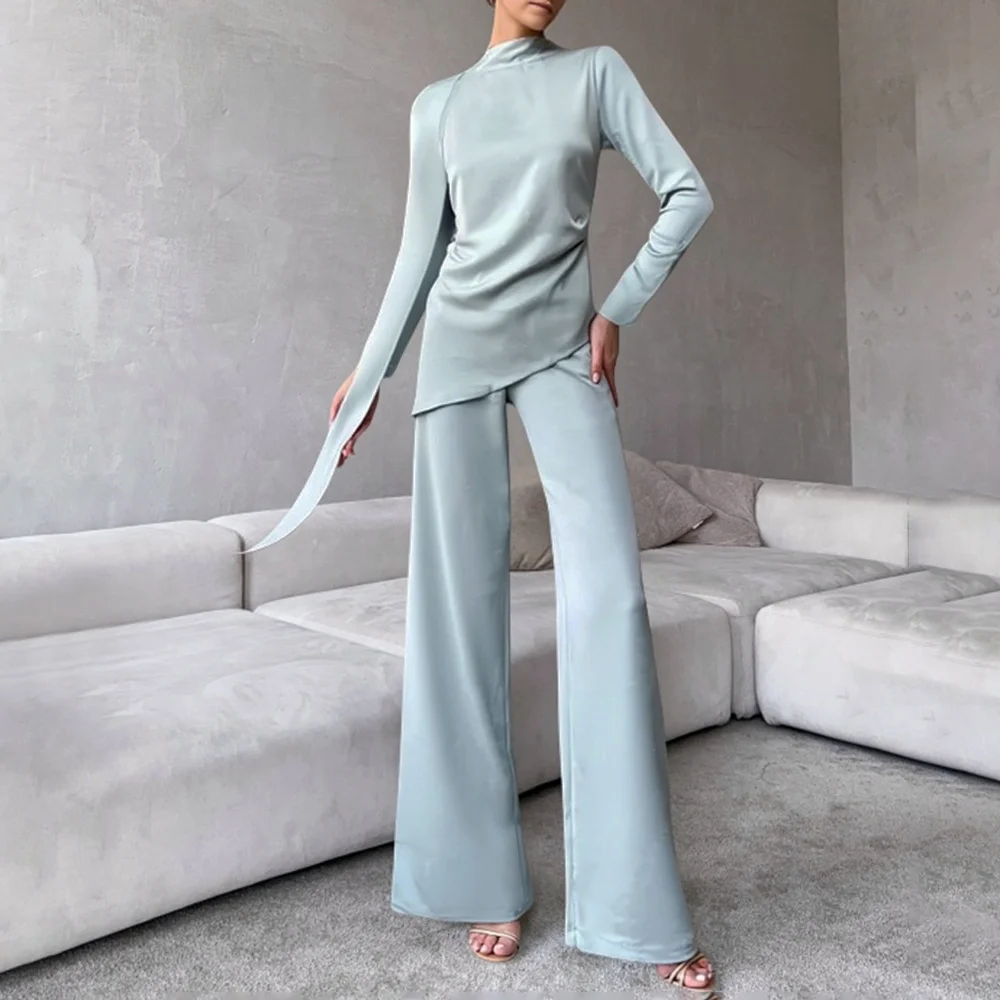 

Mia Muse Boutique Autumn Sets 2025 Women's Comfortable Long Sleeve Halter Neck T-Shirts High Waist Straight Pants Casual Sets