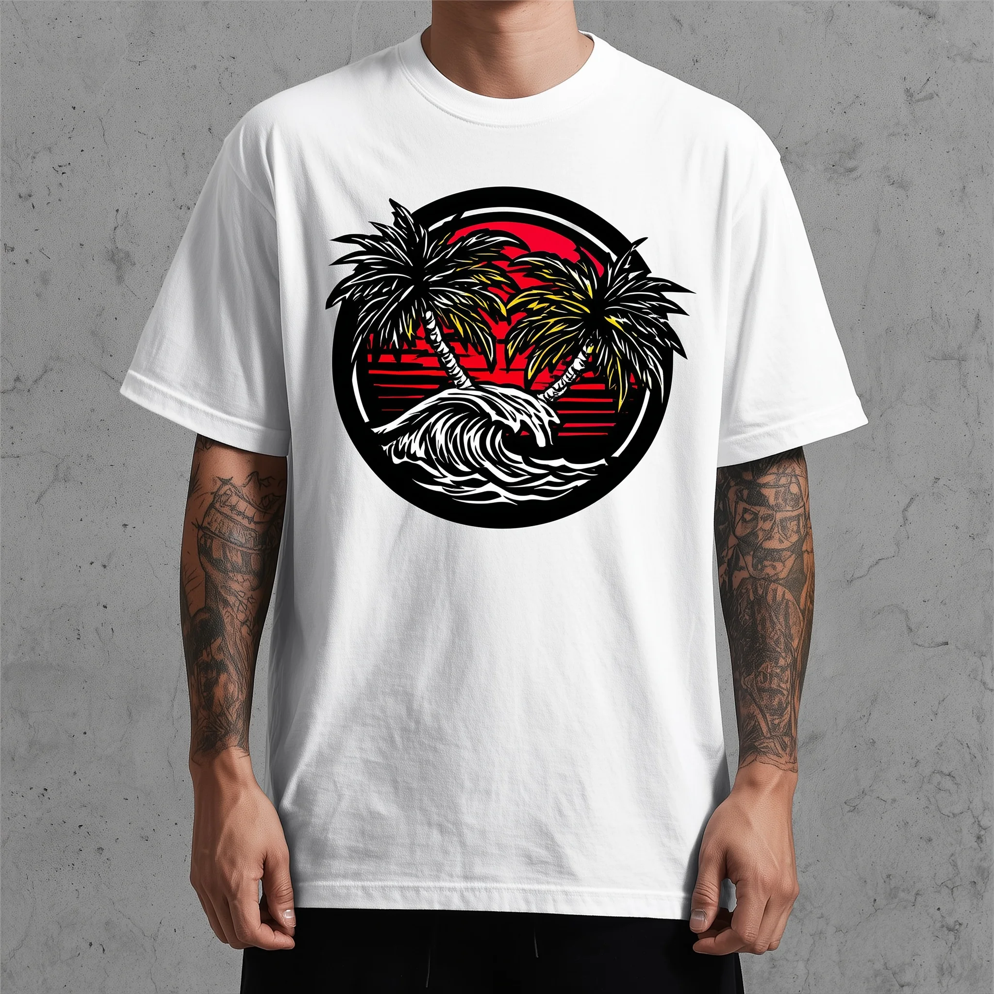 

Teevo Men's Casual T-Shirt Palm Tree Sunset Wave Print Summer Beachwear