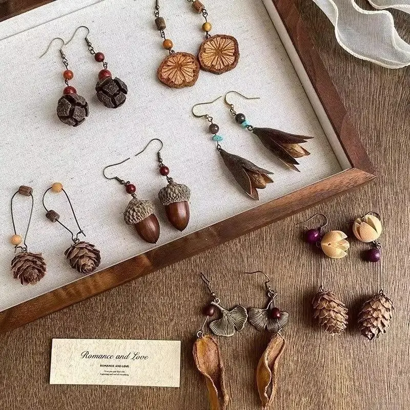 1Pair Vintage Wooden Plant Earring For Women Creative Natural Plant Dried Fruits Drop Earrings Ethnic Jewelry