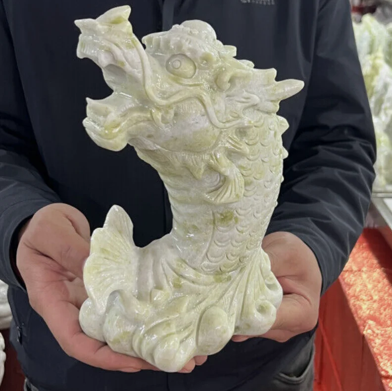 

7.6lb Natural Ore.lantian jade.Hand-carved Exquisite Dragonfish Animal statues