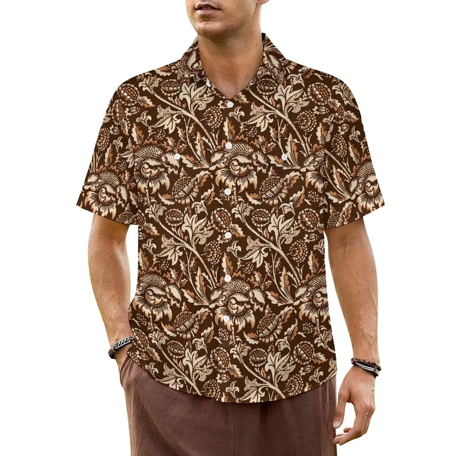 Brown Floral Casual Shirt Sunflowers Print Vintage Hawaii Shirts Man Short-Sleeved Vacation Harajuku Pattern Oversized Blouses