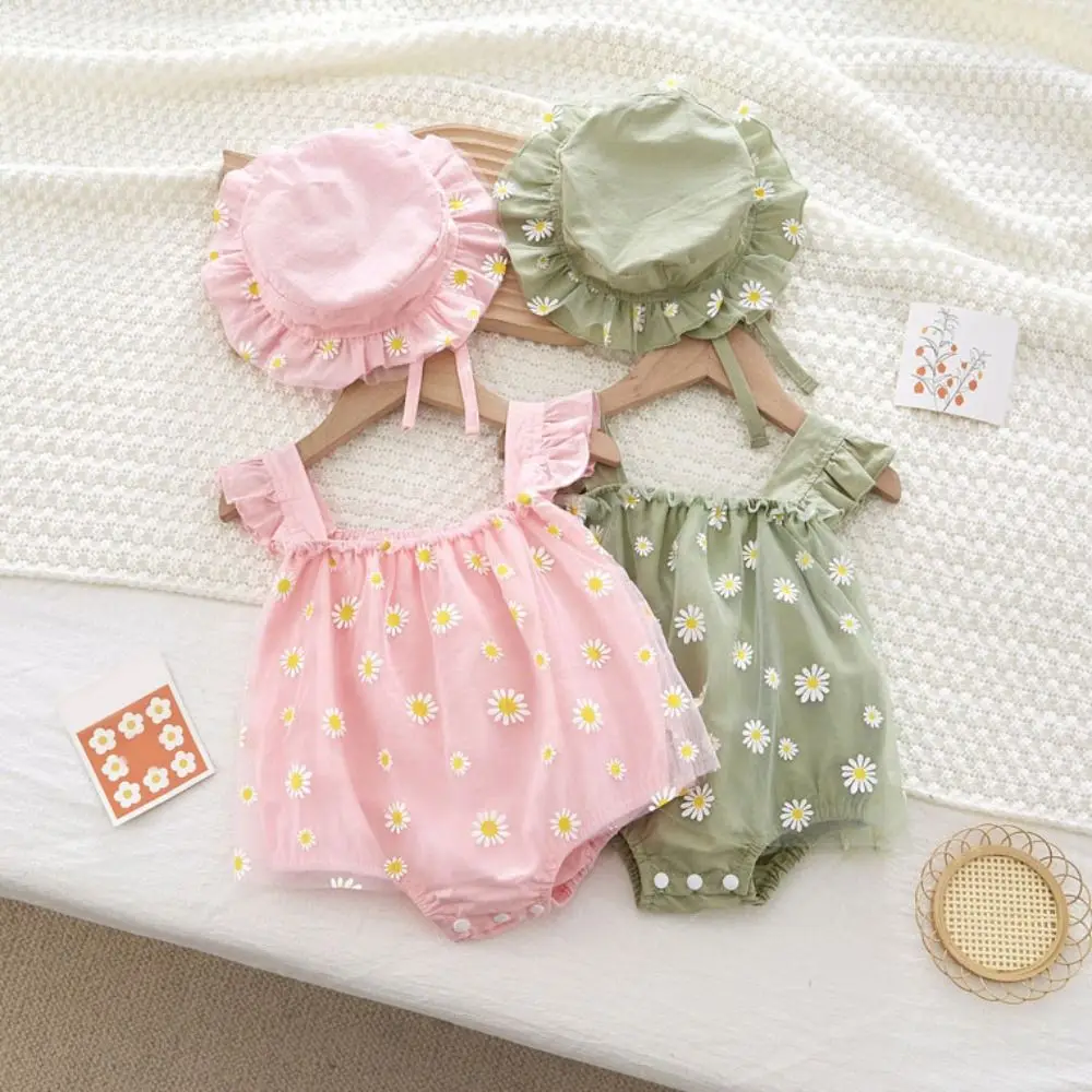 Mesh Flower Baby Princess Dress with Hat Loose Sleeveless Baby Climbing Suit Infant Romper Sweet Thin Toddle Jumpsuits Summer