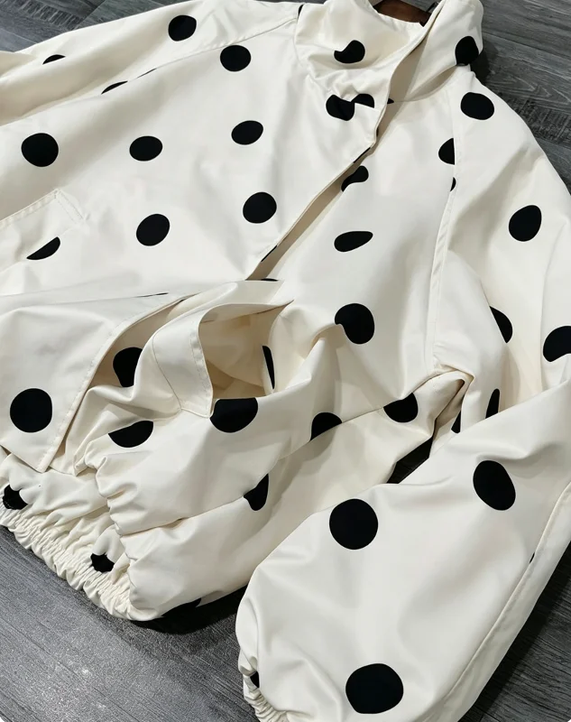 Women's Oversize Vintage Polka Dot Bomber Jacket with Pockets