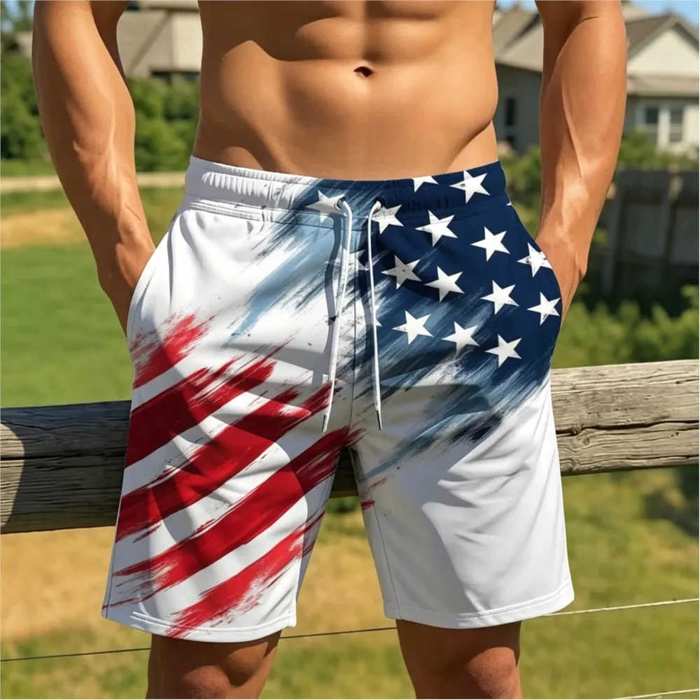 Men's American Flag Swim Trunks Patriotic Quick Dry Board Shorts Elastic Drawstring Beach Shorts USA Stars Stripes Print Casual