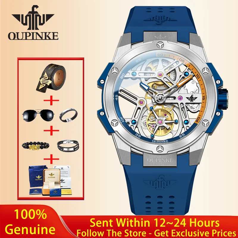 

OUPINKE True Tourbillon Watch Hollow out Men Automatic Mechanical Watch Large Dial Brand Luxury Business Men Formal Watch 8003