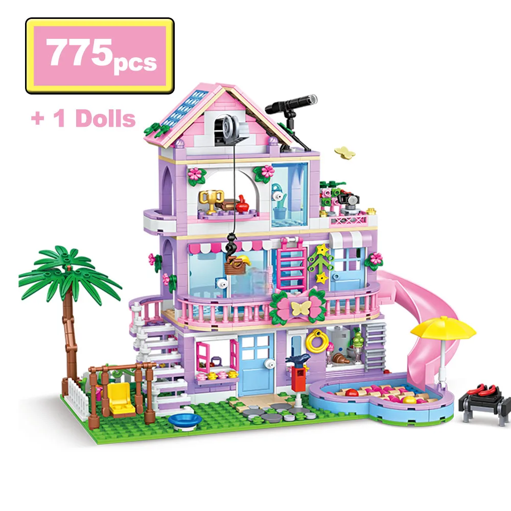 City Friends Villa voor meisjes, bouwstenen, MOC, drie verdiepingen, kokospalm, glijbaan, huizen, figuurtjes, bouwstenen, speelgoed, doe-het-zelf cadeaus.