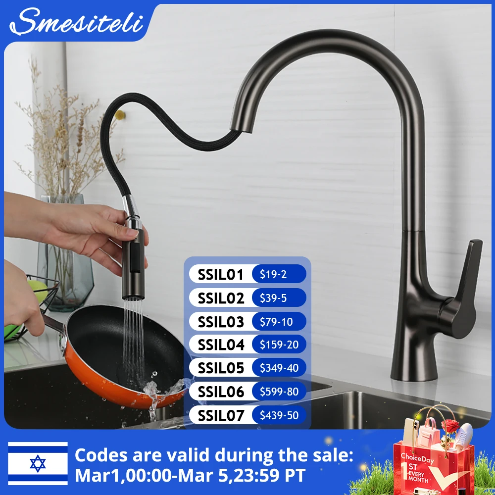 Smesiteli Gun Grau Messing Einzel Loch Deck Montiert 360 Grad Drehung Küche Pull Out Messing Wasserhahn Heißen Und Kalten Wasser waschbecken Wasserhähne