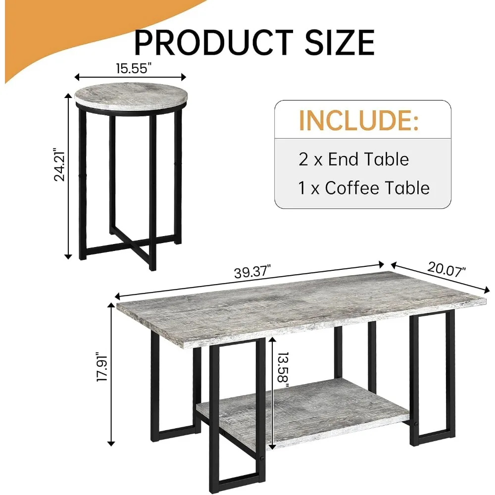 Faux Marble 3-Piece Living Room Table Set with Metal Frame and 2 Round Side Tables