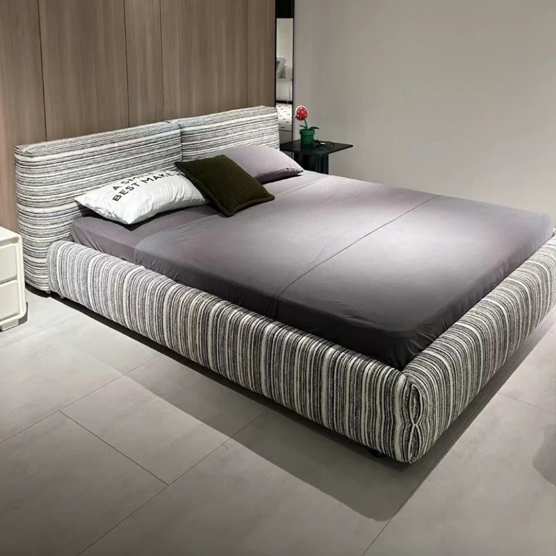 Italian Minimalist Designer Bed Striped Cotton Linen Fabric Double Bed with Soft Tufted Headboard for Master Bedroom furniture