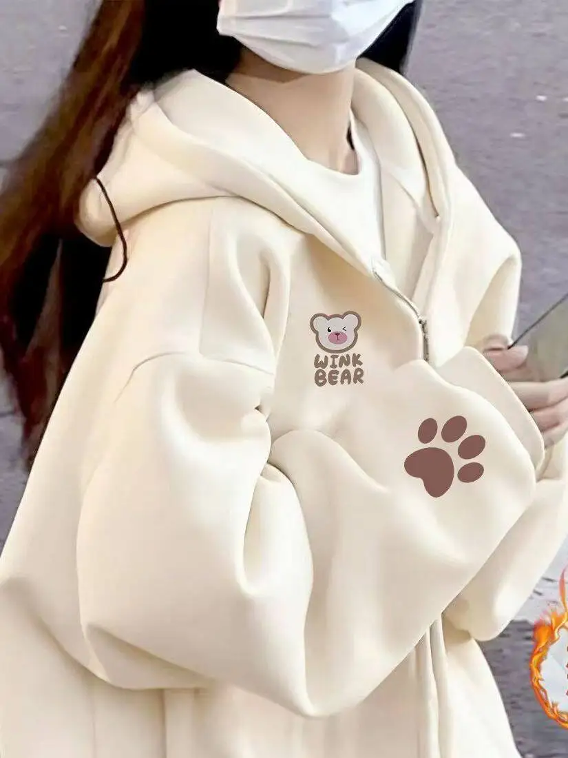 Korean Style Cartoon Bear Print Hooded Open Cardigan Sweatshirt Women's Autumn Winter Thickened Casual Outerwear