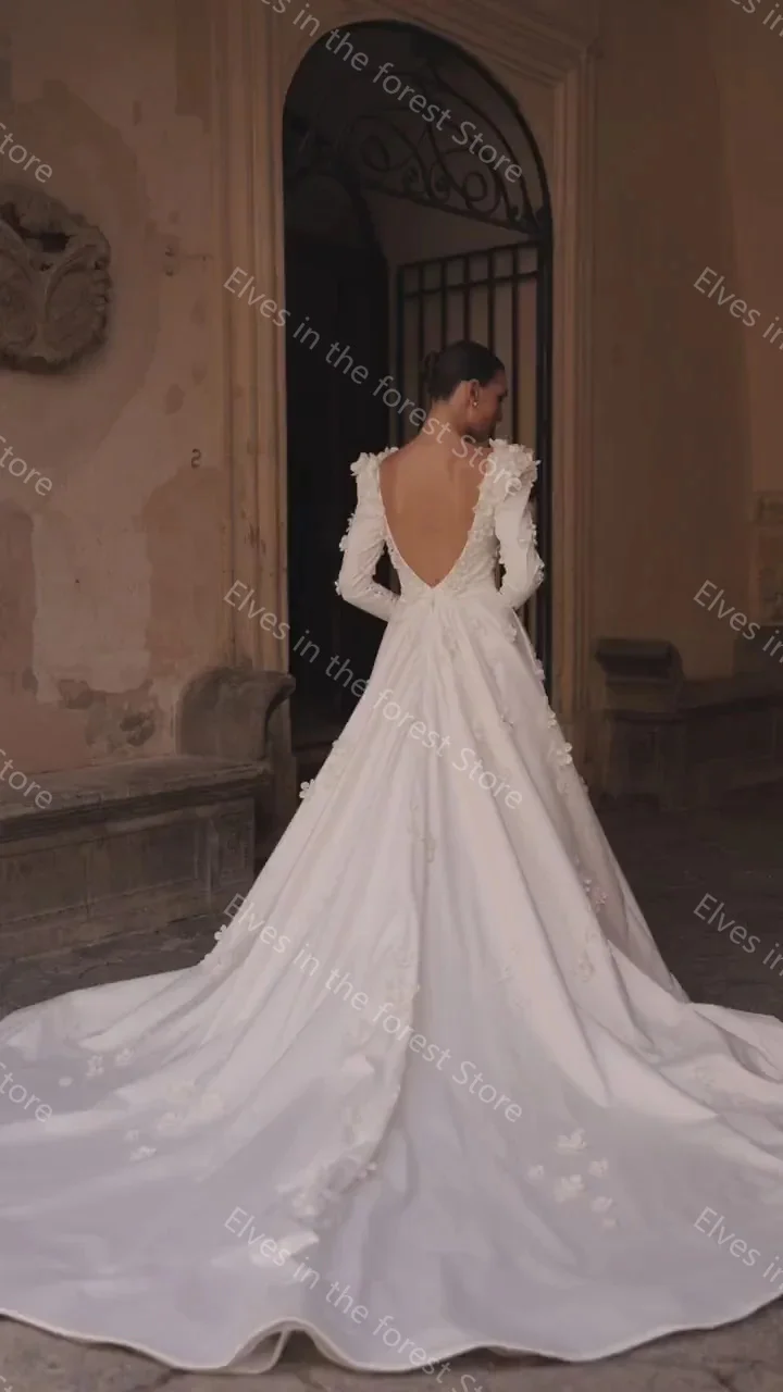 Elegante Brautkleider aus weichem Satin, Blumenapplikationen, lange Ärmel, Brautkleider, bezaubernd, rückenfrei, maßgeschneidert, Vestidos De Mariee