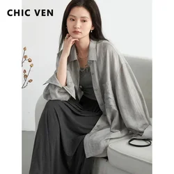 CHIC VEN Women Shirt Loose Casual Textured Tie Dye Collar with Split Long Sleeved Blouses Sun Protection Ladies Coat Summer 2024