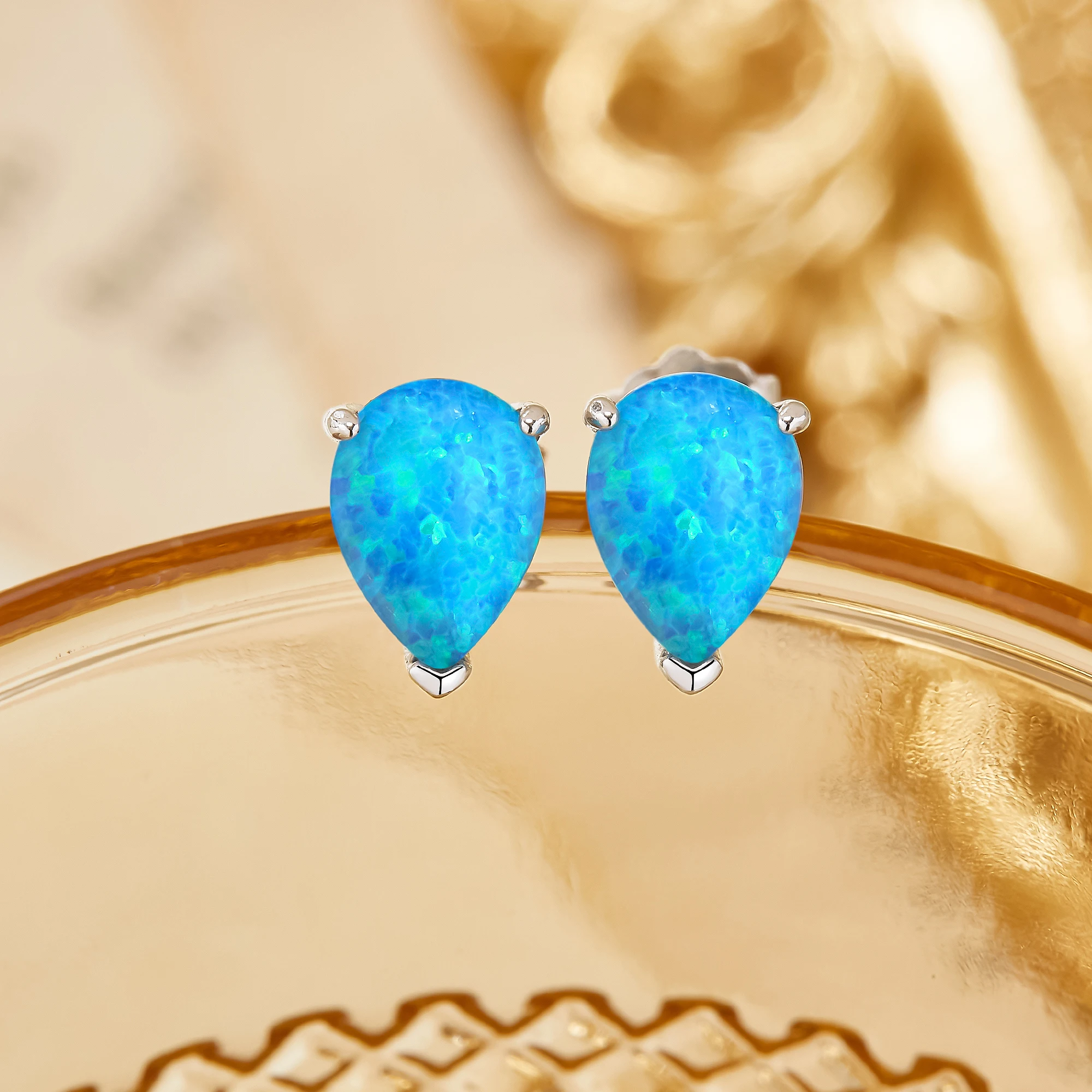 Minimalist Simulated Blue Pear Opal Studs Earrings October Birthstone Color Change Solid 925 Sterling Silver Earrings 6330011