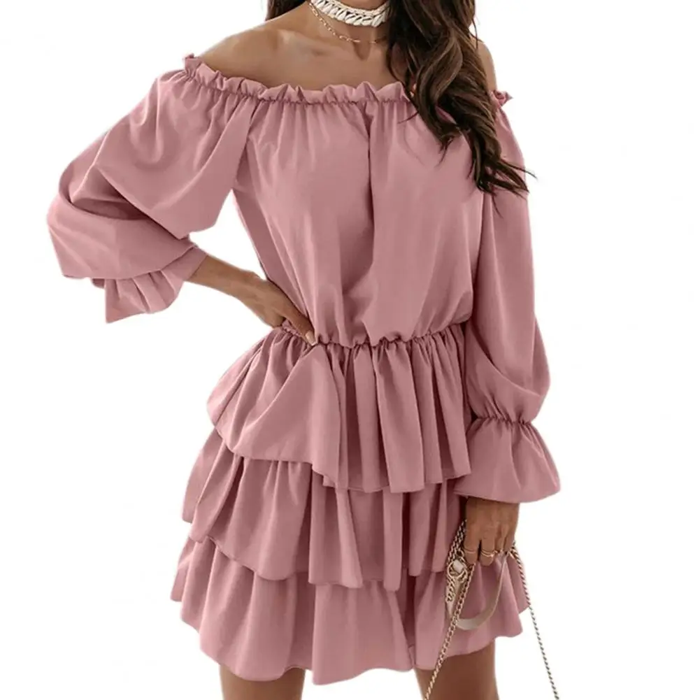 

Women Cake Dress Solid Color Slash Neck Lady Mini Dress A-Line Long Sleeve Ruffle Hem Tunic Dress Streetwear