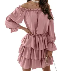 Women Cake Dress Solid Color Slash Neck Lady Mini Dress A-Line Long Sleeve Ruffle Hem Tunic Dress Streetwear