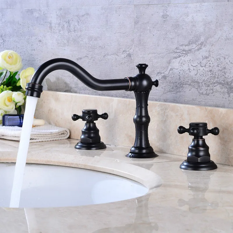 Bathtub Faucet 3 hole Black Brass Double Handle Bathroom Sink Faucet Hot And Cold Tap 3 Pcs Set Mixer Tap Garden Bathtub Taps