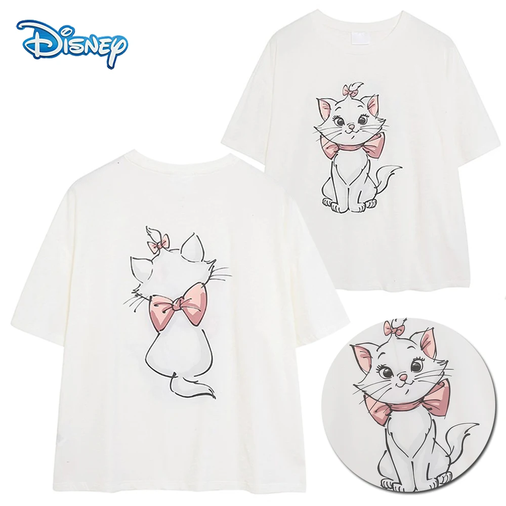 

Disney Front Back Marie Cat Letter Cartoon Print T-Shirt Women Short Sleeve O-Neck Pullover Fashion Tee Tops Female Streetwear