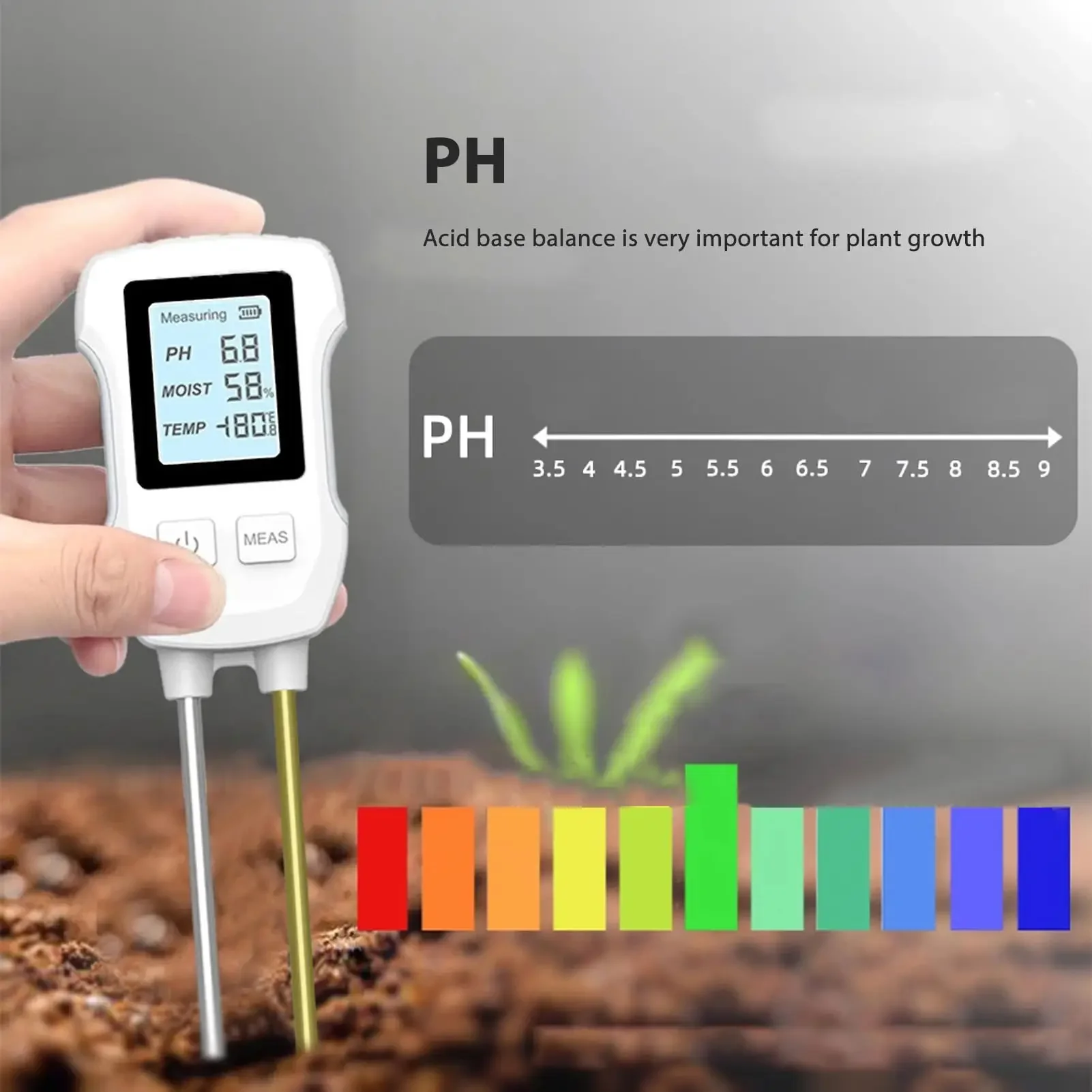 

LCD Soil Tester PH/Moisture/Temp 3.0-9 pH Meter Heat-resistant Metal Sensor Humidity Monitor for Flower Plants Gardening