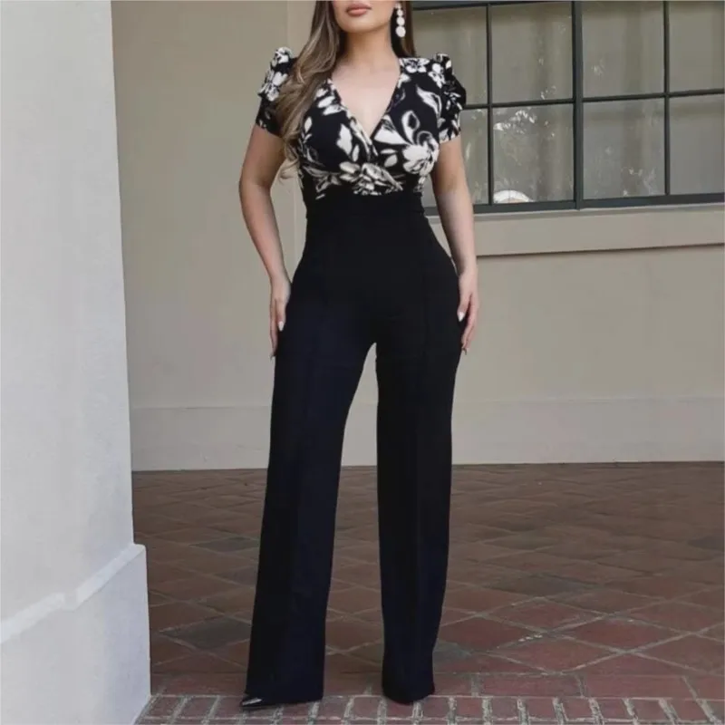Women's Fashionable Print Splicing Jumpsuit Summer Deep V-Neck Short Sleeve Zipper Back Pants Spring Elegant Slim Fit Jumpsuits