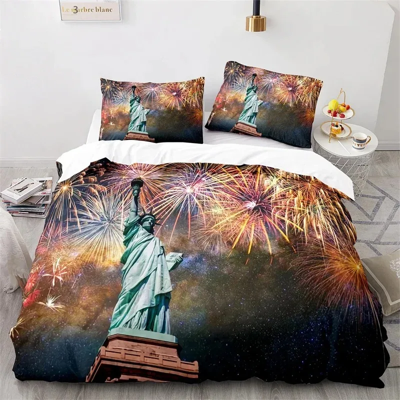 Statue of Liberty Duvet Cover King Size Microfiber World Famous Building Bedding Set New York Landmark Cityscape Comforter Cover