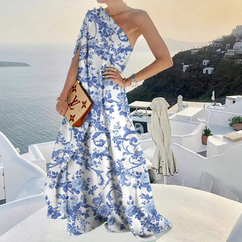 Sexy Off Shoulder Boho Beach Maxi Dress Women Elegant One Shoulder Loose Party Dresses Summer Fashion Button Solid Dress Vestido