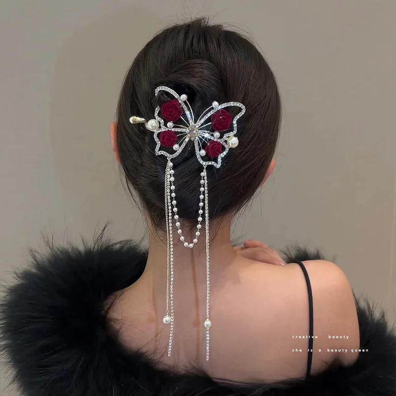 New Fashion Butterfly Tassel Hairpin Female Retro Elegant One Word Hairpin Ponytail Buckle Hair Clip Headwear Summer Accessories