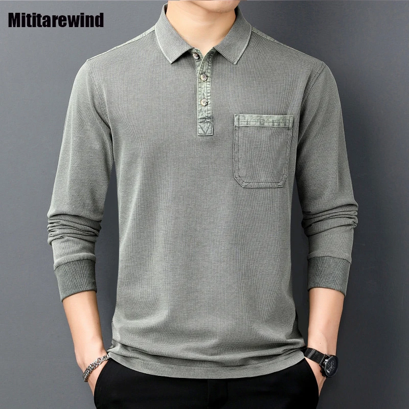 

Spring New Long Sleeve Polo Shirts for Men Business Causal Tees Solid Pocket Tshirt Simple Fashion Top High Quality Men Clothing