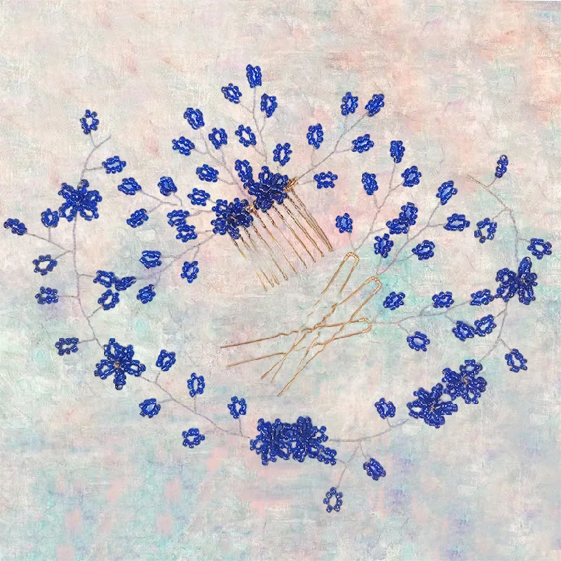 Синие хрустальные свадебные гребни для волос, аксессуары для волос для невесты, головной убор с цветком, повязки на голову, женские украшения для волос невесты, ювелирные изделия