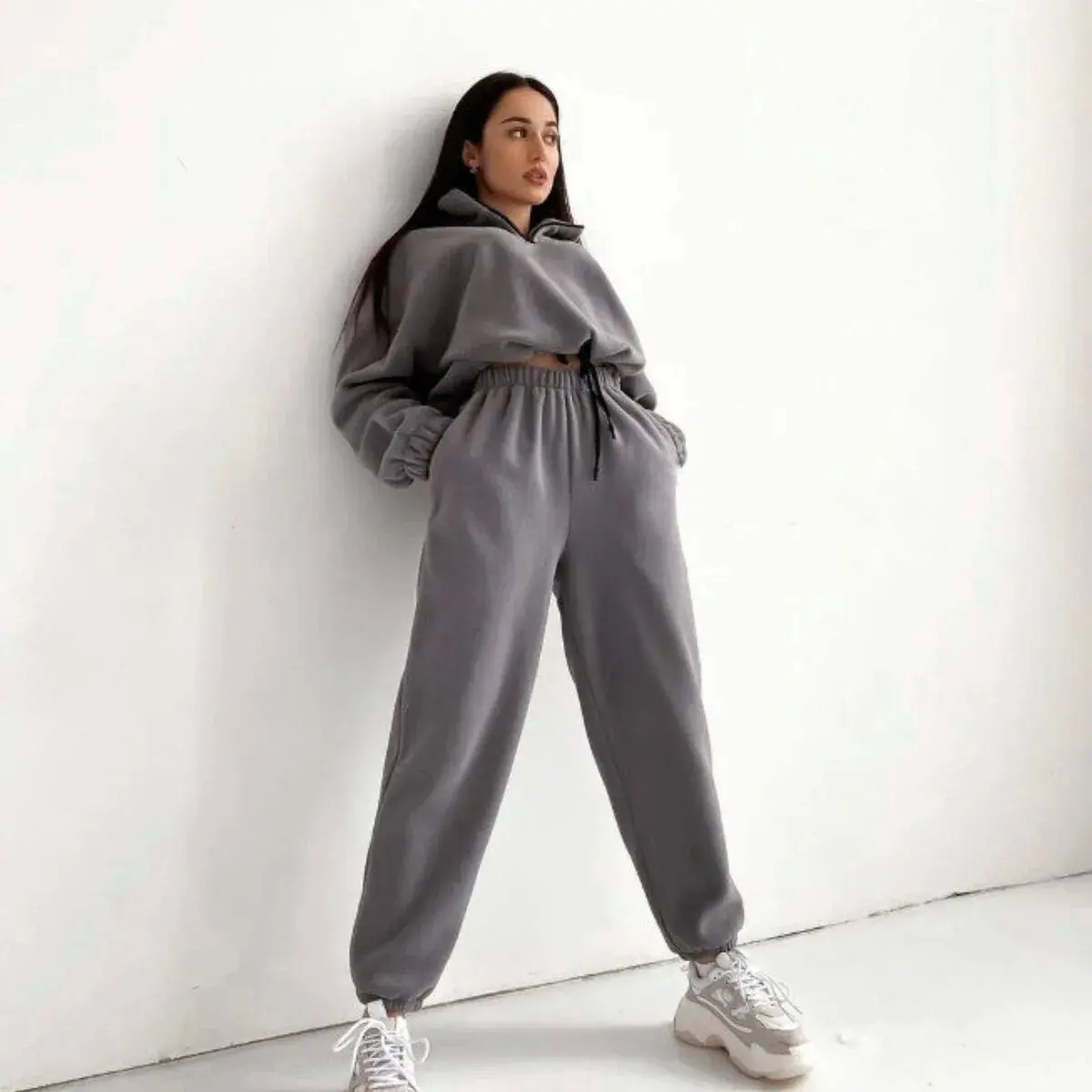 2023 Winter Autumn Two-piece Set Women Sports Hooded + Long Pants Women Fashion Stand Collar Zipper Streetwear Solid Hooded Sets