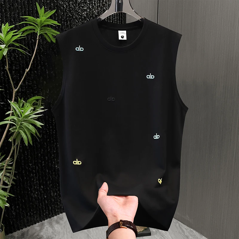 Men's Cotton Vest Summer Fashion Breathable Cotton Blend Letter Embroidery Sleeveless T-shirt Home Leisure Park Walk Ball Sports