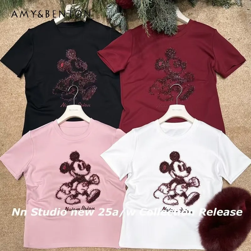 

Модная вышитая мультяшная толстая футболка с короткими рукавами, женская новая свободная посадка, универсальный пуловер с круглым вырезом, внутренняя одежда, верхние футболки