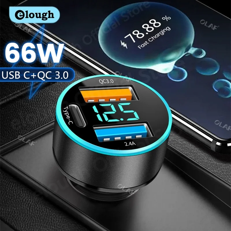 Elough 66W Car Charger USB Type C Phone Charger Fast Charging For iPhone Samsung Huawei Xiaomi PD High Speed Charger Car Adapter