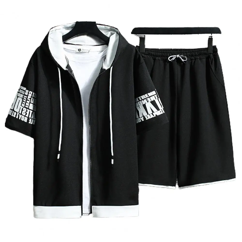 1 Set Cool Two Pieces Set Male Men Sportswear Set Loose Hooded Top Pockets Shorts  Drawstring