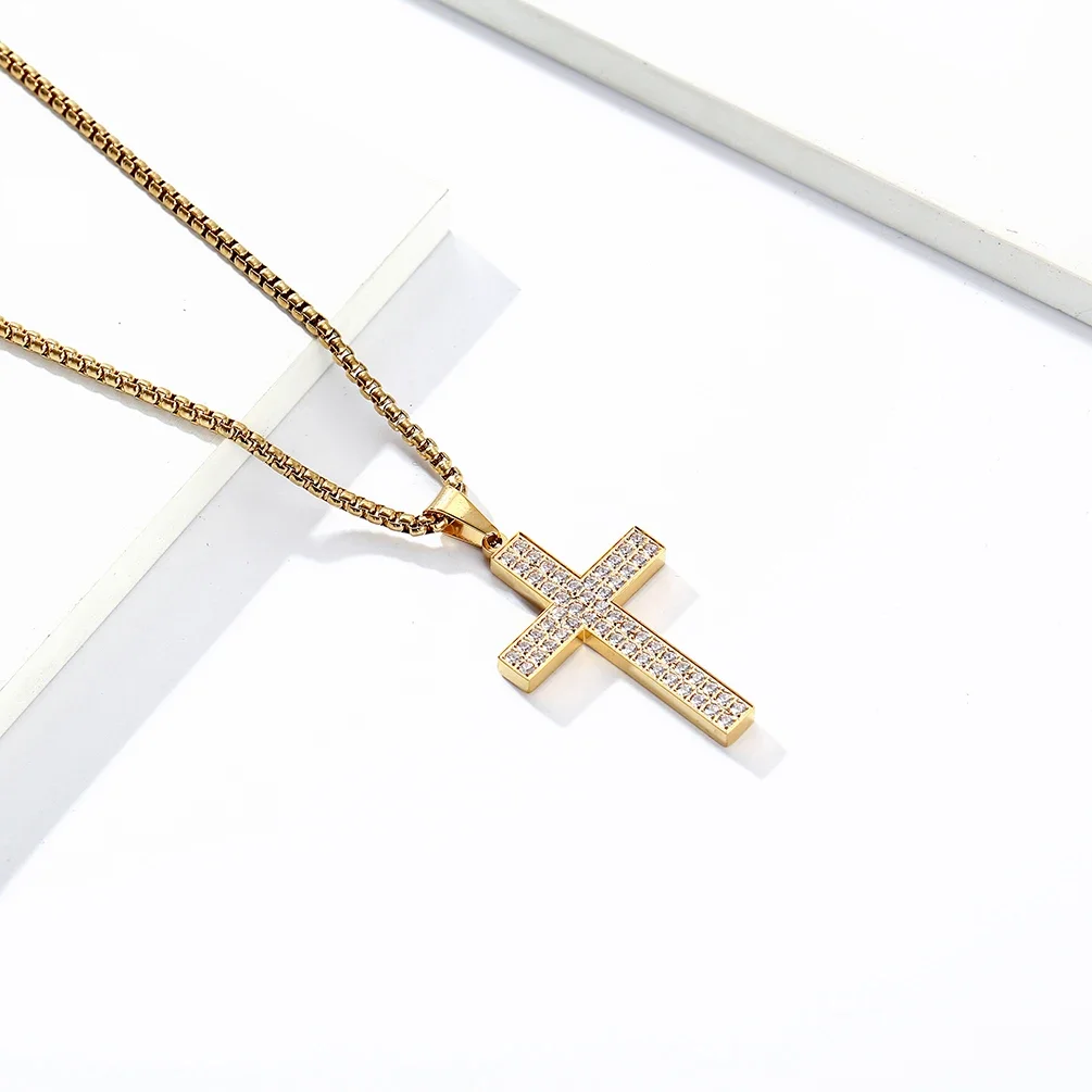 JHSL  Men Cubic Zircon Cross Pendants Statement Necklace Fashion Christian Jewelry Chain Stainless Steel Black Gold Silver Color