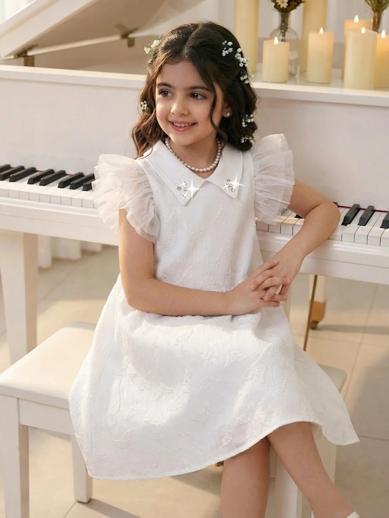 Mädchen-Sommerkleid mit sanftem Schmetterlings-Jacquard-Kragen, Netzstoff und kleinen Flügelärmeln, A-Linien-Kleid, modisch, süß, für Partys und Ausflüge
