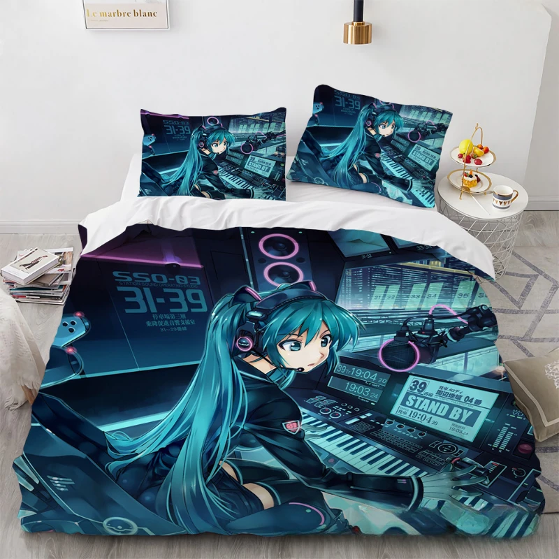 Anime Hatsune Miku Bedding Set Kawaii Quilt Cover Pillowcase Harajuku Bed Bedroom Duvet Cover Decor Beddings Suit Kids Gift