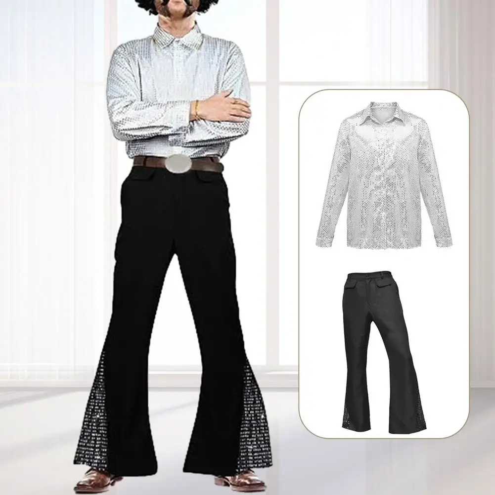 Party Shirt Pants Retro Shiny Sequin Flared Pants Glossy Lapel Single-breasted Top Trousers for Party for Entertainers