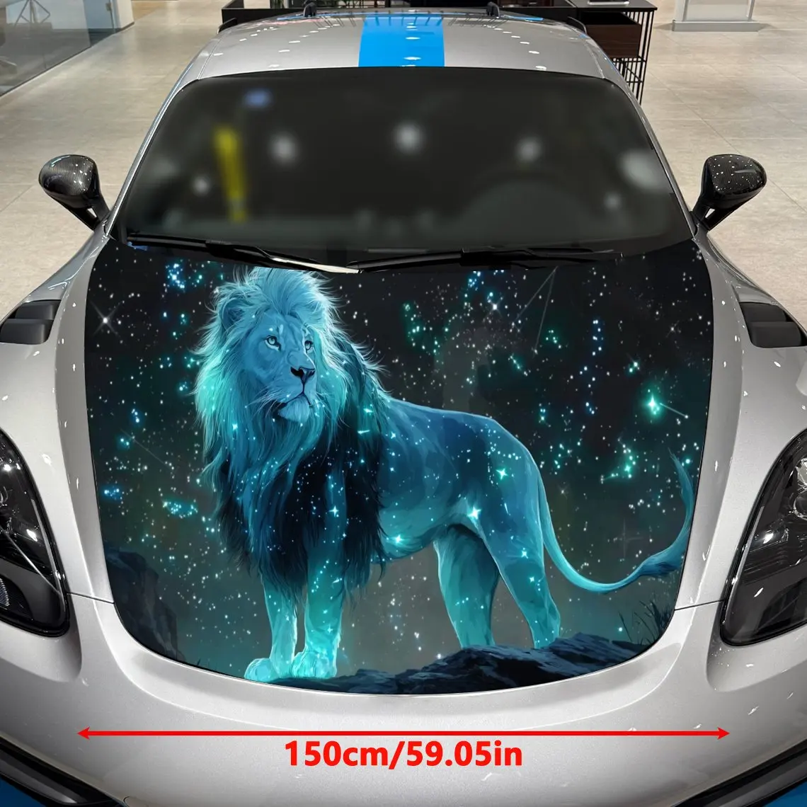 Fantasy Blue Stellar Style Star Lion Car Vinyl Wrap, PVC Material Waterproof Car Hood Sticker, Self-Adhesive Scratch-Resistant S