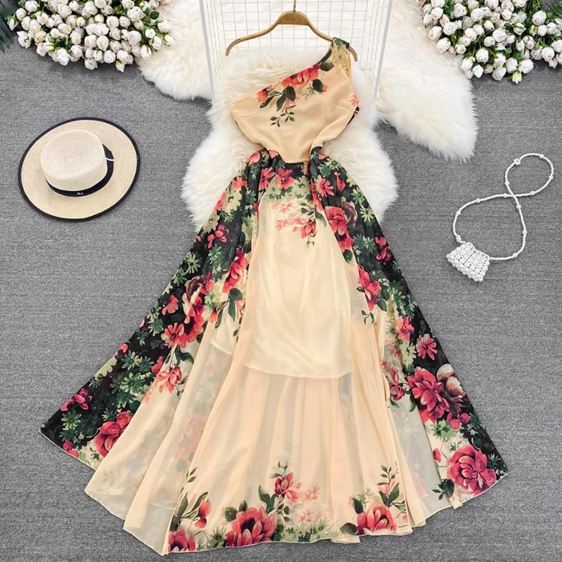 

New Luxury Women Dress Diagonal collar A-line Sleeveless Print Robe Elegant Inclined Shoulder Evening Long vestidos de fiesta