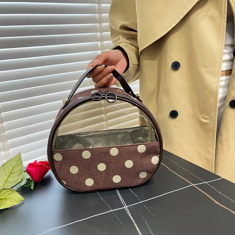 New Half Round Transparent Polka Dot Makeup Bag with Large Capacity Handheld Cosmetics Storage Bag Travel Washroom Makeup Bag